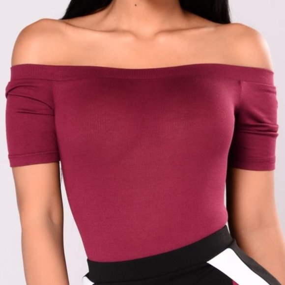 BURGUNDY OFF SHOULDER BODYSUIT - Picture 2 of 5